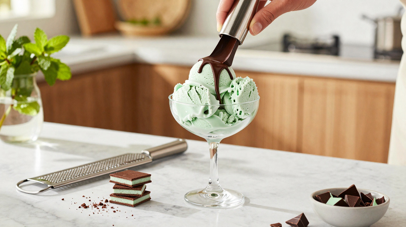 Sorvete verde em taça com calda de chocolate sendo despejada, em bancada com pedaços de chocolate ao lado.