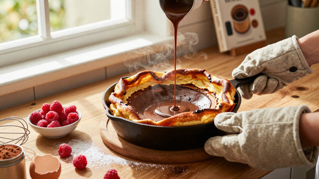 Pessoa com luvas de forno derrama calda de chocolate quente em torta recém assada na cozinha iluminada.
