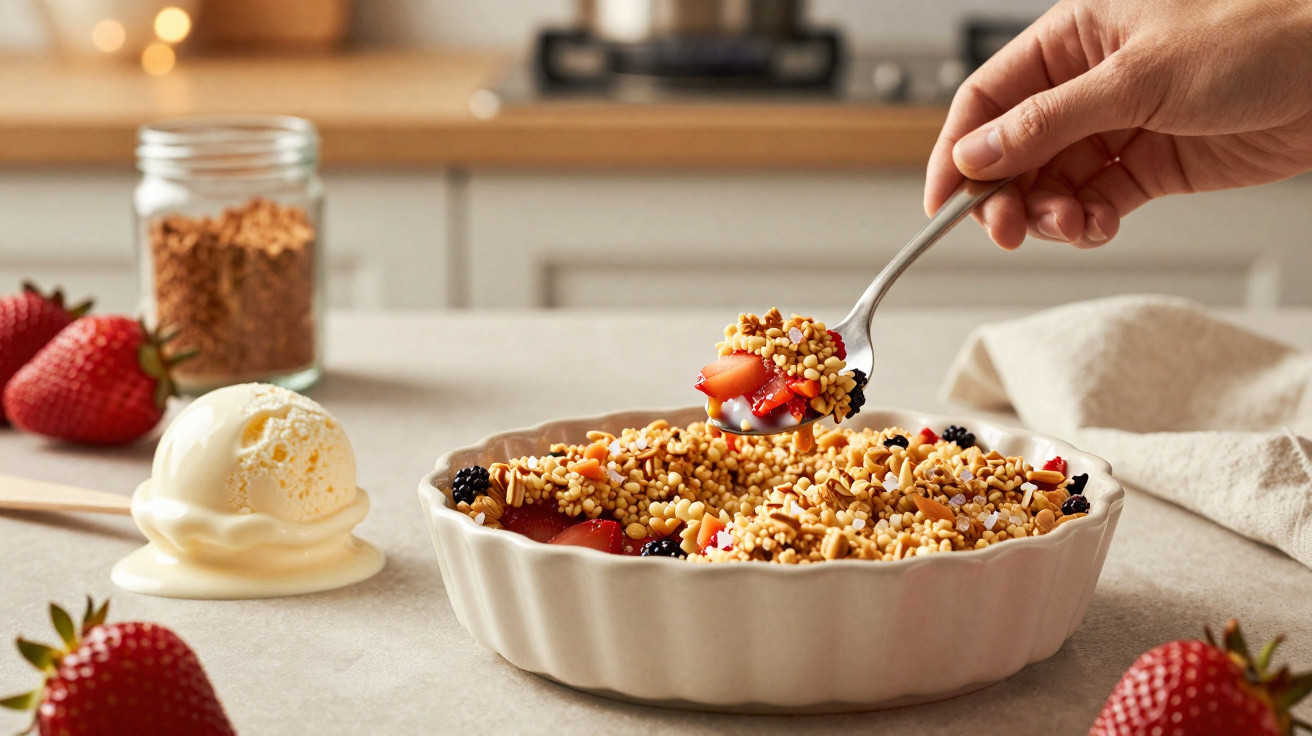 Colher retirando crumble de frutas vermelhas com sorvete derretido ao lado em bancada.