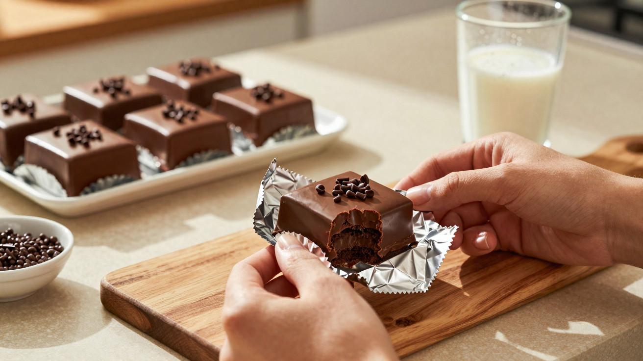 Mãos segurando doces de chocolate quadrados com granulado, copo de leite, em bancada de cozinha.