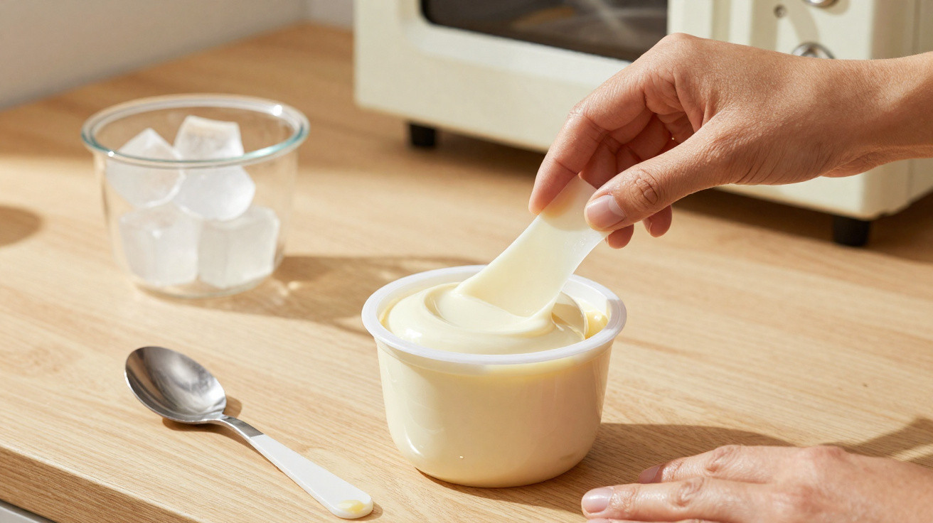 Mão segurando colherzinha branca retirando creme de potinho sobre mesa de madeira clara.