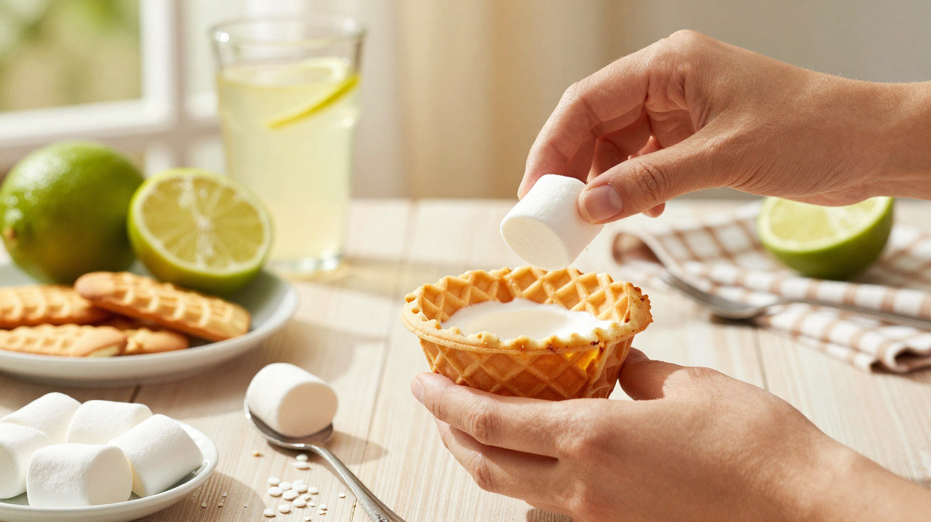 Pessoa colocando marshmallow em tigela de waffle com leite, ao lado de limões, biscoitos e copo de suco.