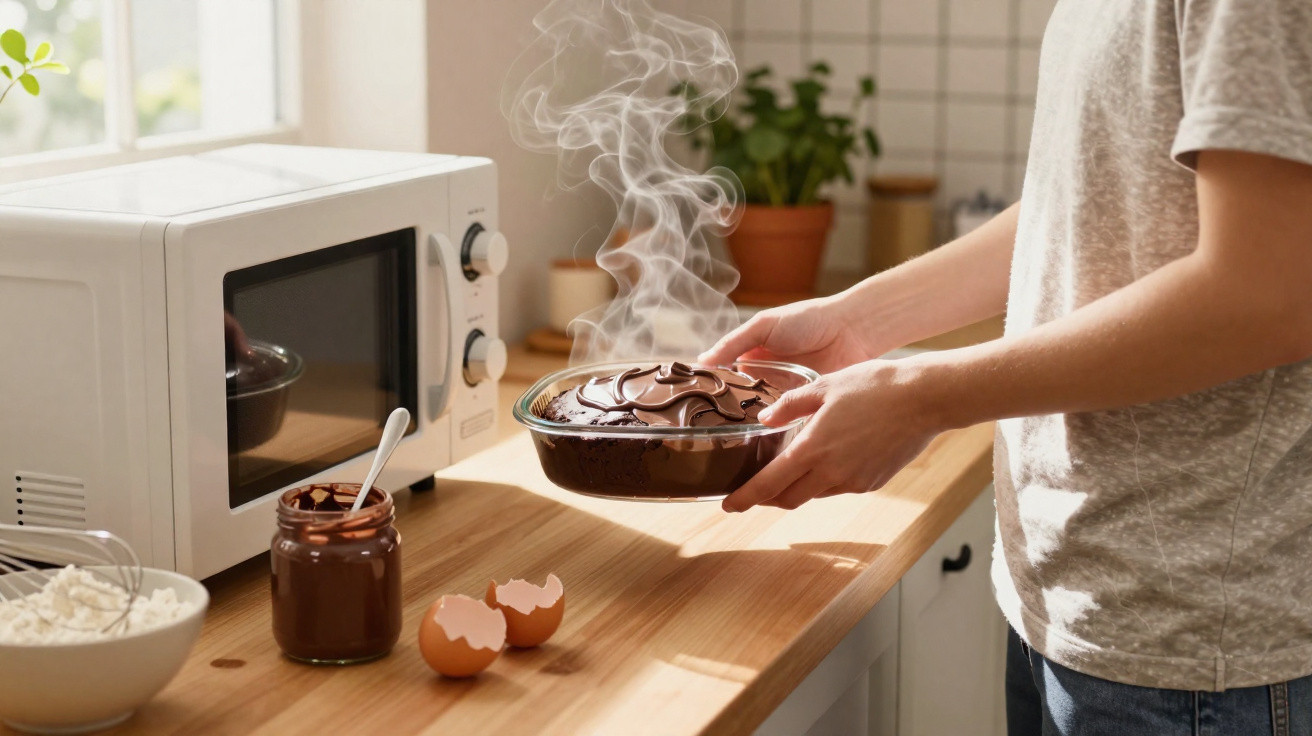 Pessoa segurando bolo de chocolate quente com fumaça, ao lado de micro-ondas, farinha, ovos e pote de chocolate.