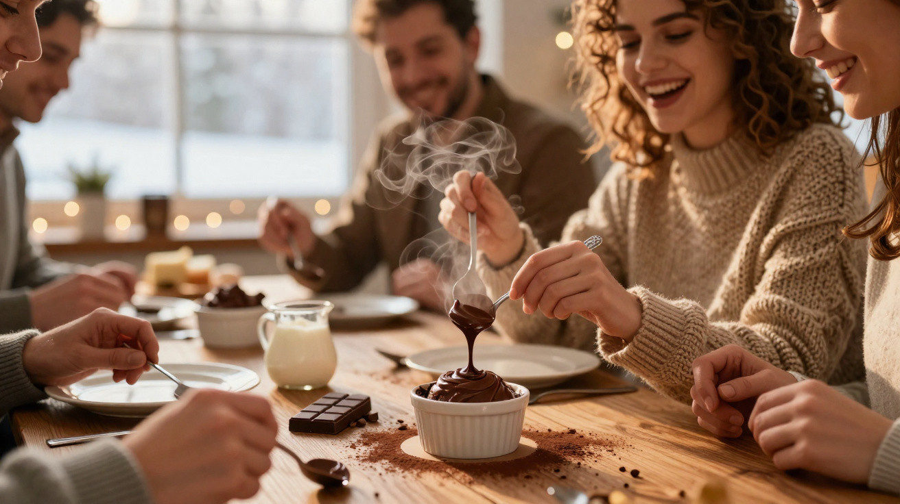Grupo de amigos ao redor da mesa desfrutando sobremesa de chocolate quente e sorrindo em ambiente aconchegante.