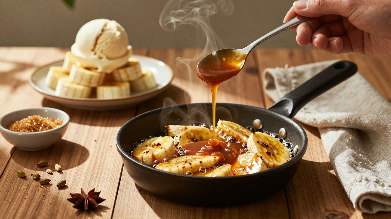 Banana frita na frigideira com calda sendo despejada e sorvete ao fundo sobre mesa de madeira.