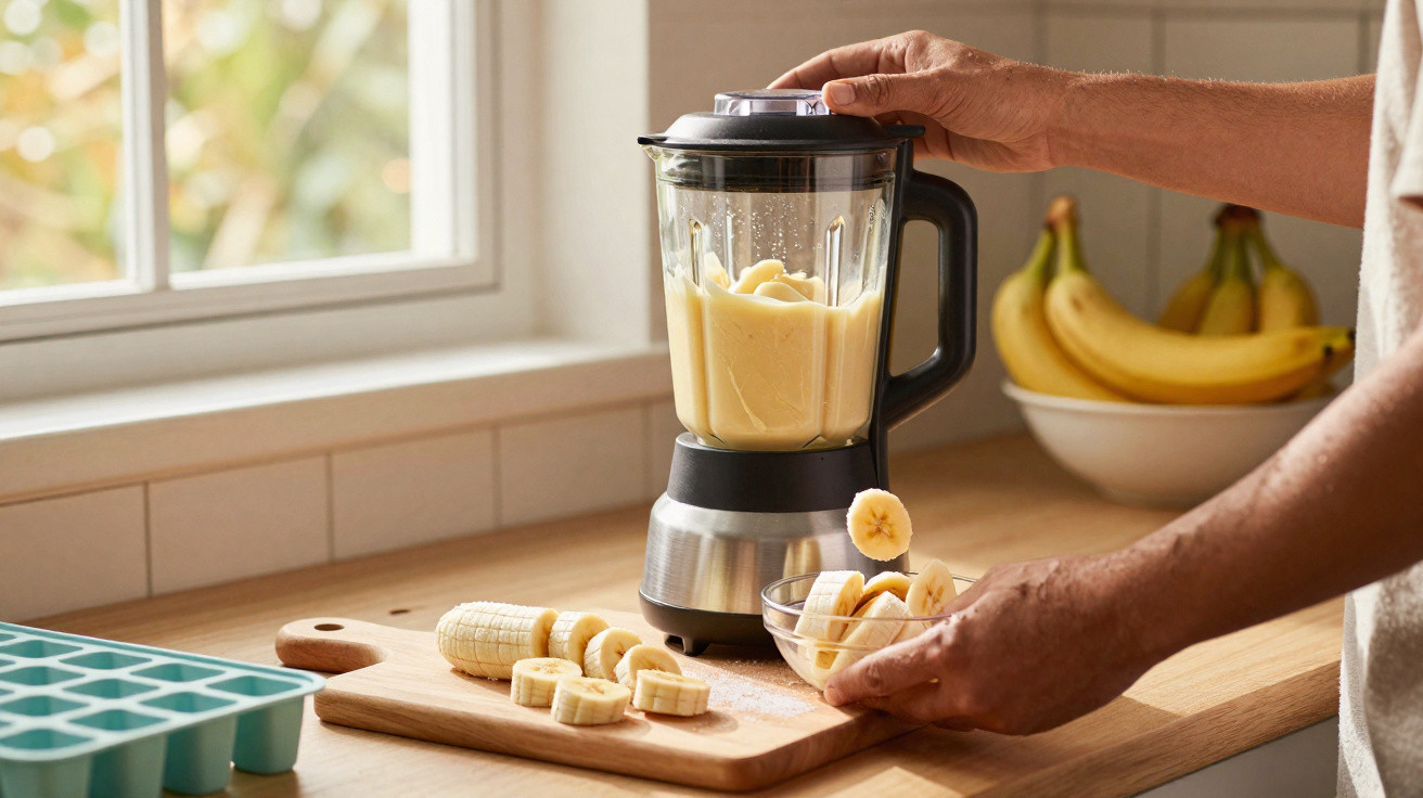 Pessoa preparando vitamina de banana em liquidificador na cozinha com frutas frescas sobre bancada.