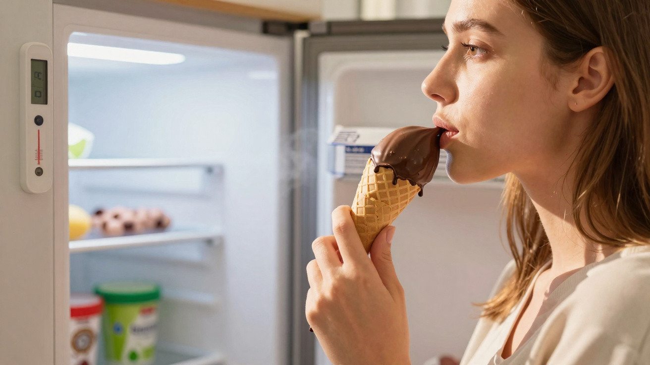 Mulher pegando sorvete de casquinha com cobertura de chocolate em geladeira aberta.