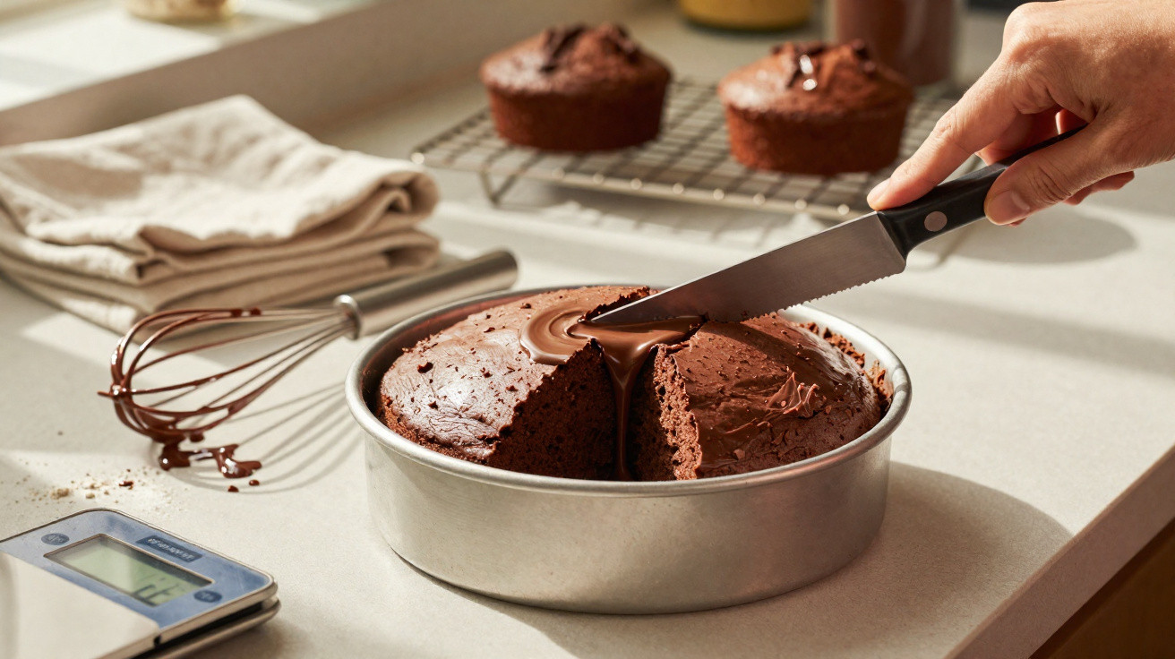 Bolo de chocolate na forma sendo cortado, com cupcakes ao fundo, fouet com chocolate e balança na mesa.