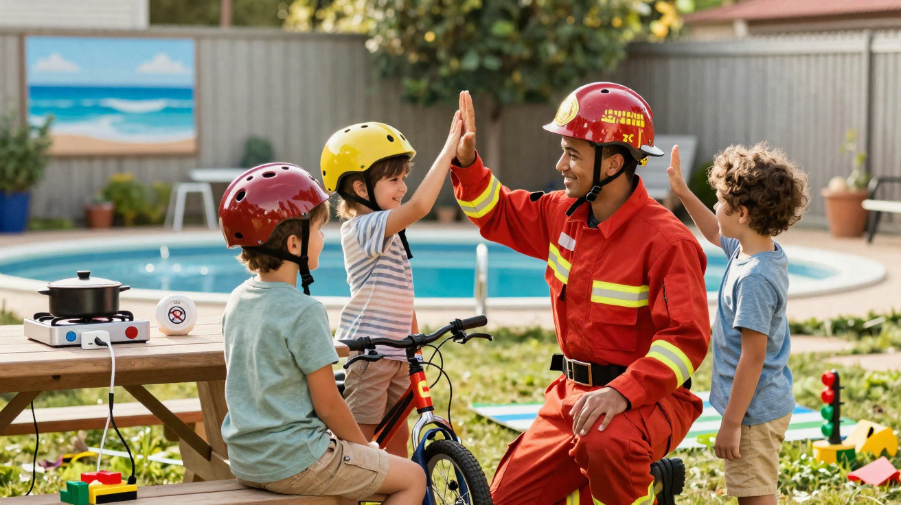 Bombeiro de uniforme vermelho dando toque de mão com crianças de capacete em área externa com piscina.