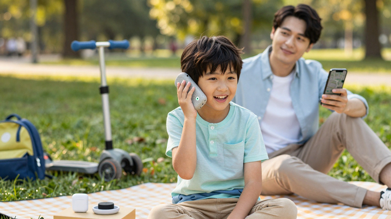 Menino sorridente falando ao celular sentado no parque com adulto ao fundo usando smartphone.