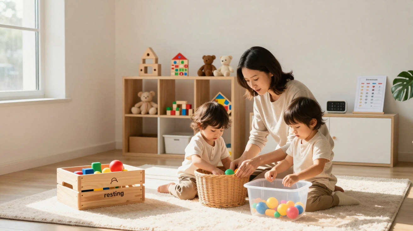 Mulher brincando no chão com duas crianças que organizam brinquedos coloridos em cestos.