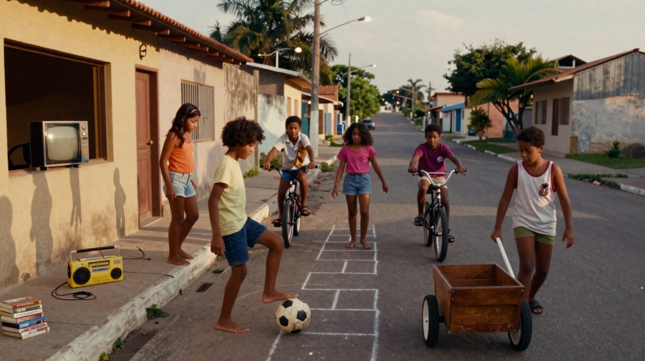 Crianças brincando na rua com bola, bicicleta, carrinho de madeira e amarelinha em bairro residencial.