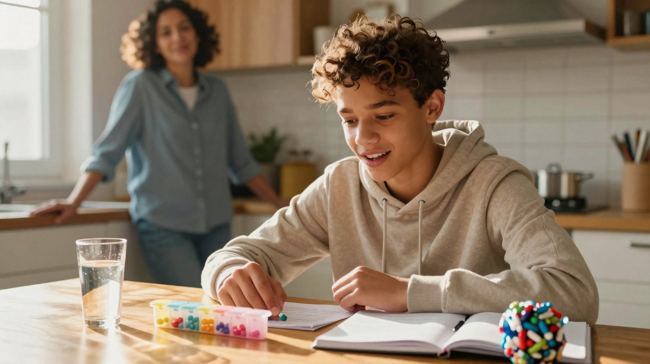 Adolescente estudando na cozinha com material de estudo e mãe observando ao fundo.