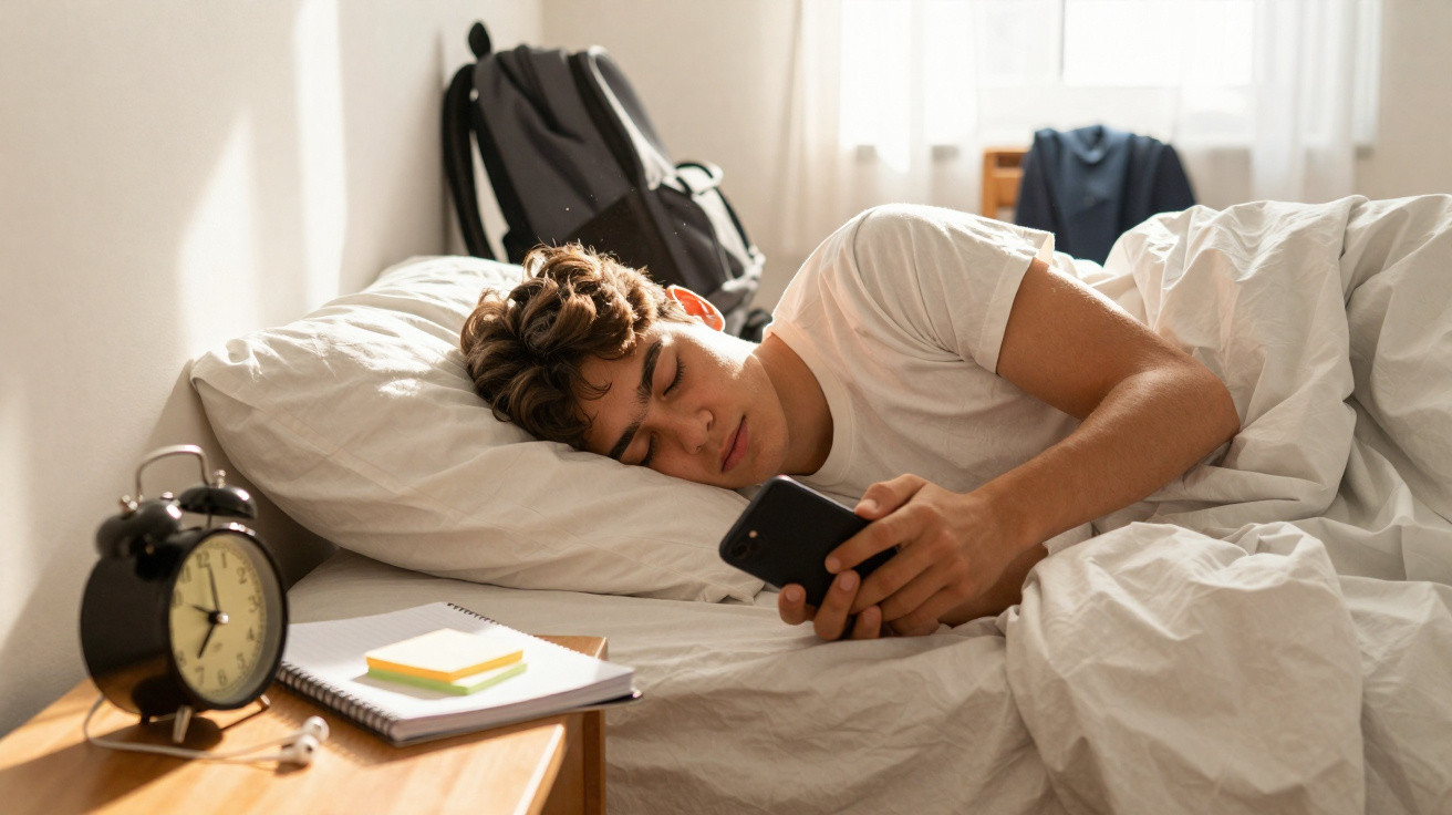 Jovem deitado na cama, olhando o celular, com despertador e caderno na mesa ao lado.