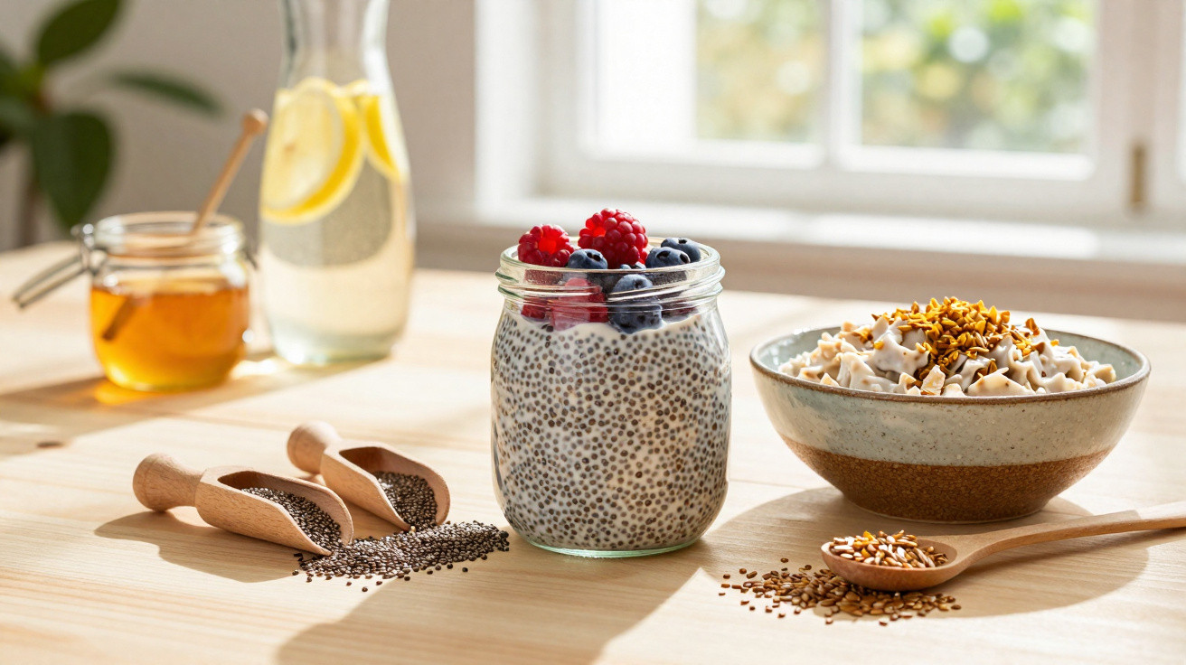 Pudim de chia com frutas vermelhas em vidro, mel, sementes e tigela de cereais sobre mesa de madeira.