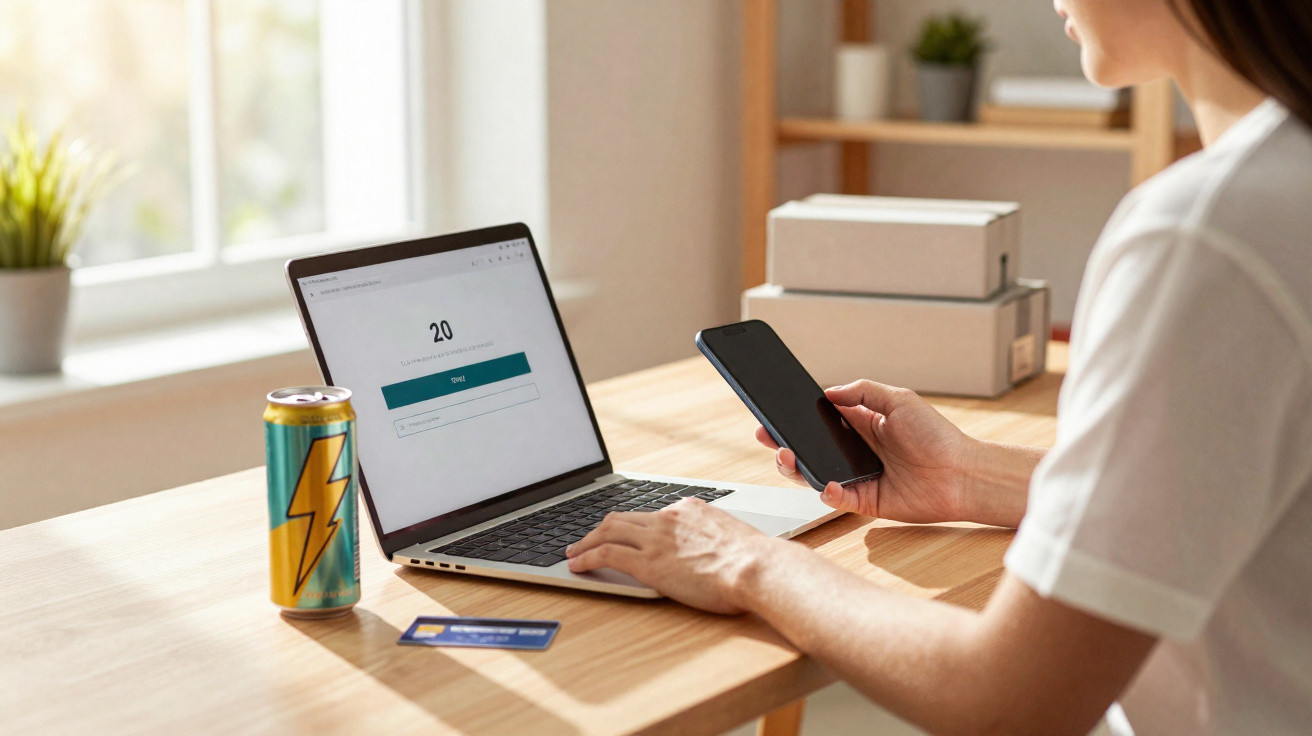 Pessoa usando laptop e celular em mesa com lata de energético e cartão de crédito para compras online.