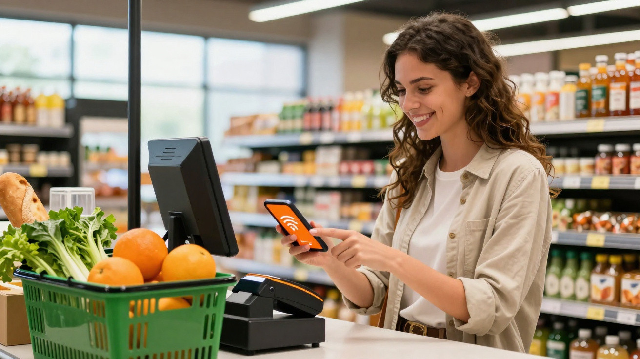 Mulher sorridente fazendo pagamento com celular em caixa de supermercado com cesta de compras.