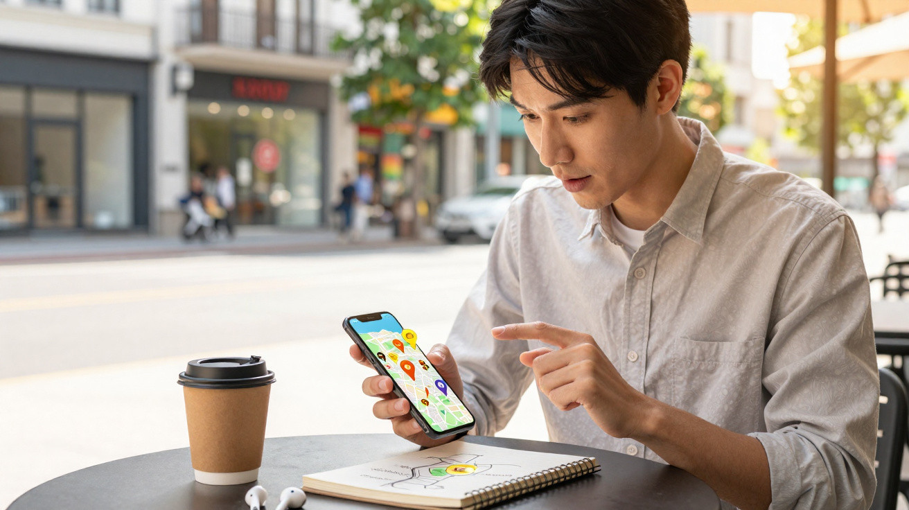 Homem sentado ao ar livre usando celular para consultar mapa com pontos coloridos, mesa com caderno e café.
