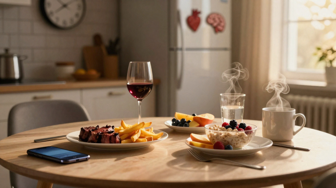 Mesa redonda com refeições diversas, vinho, café, frutas e celular em ambiente iluminado pela manhã.