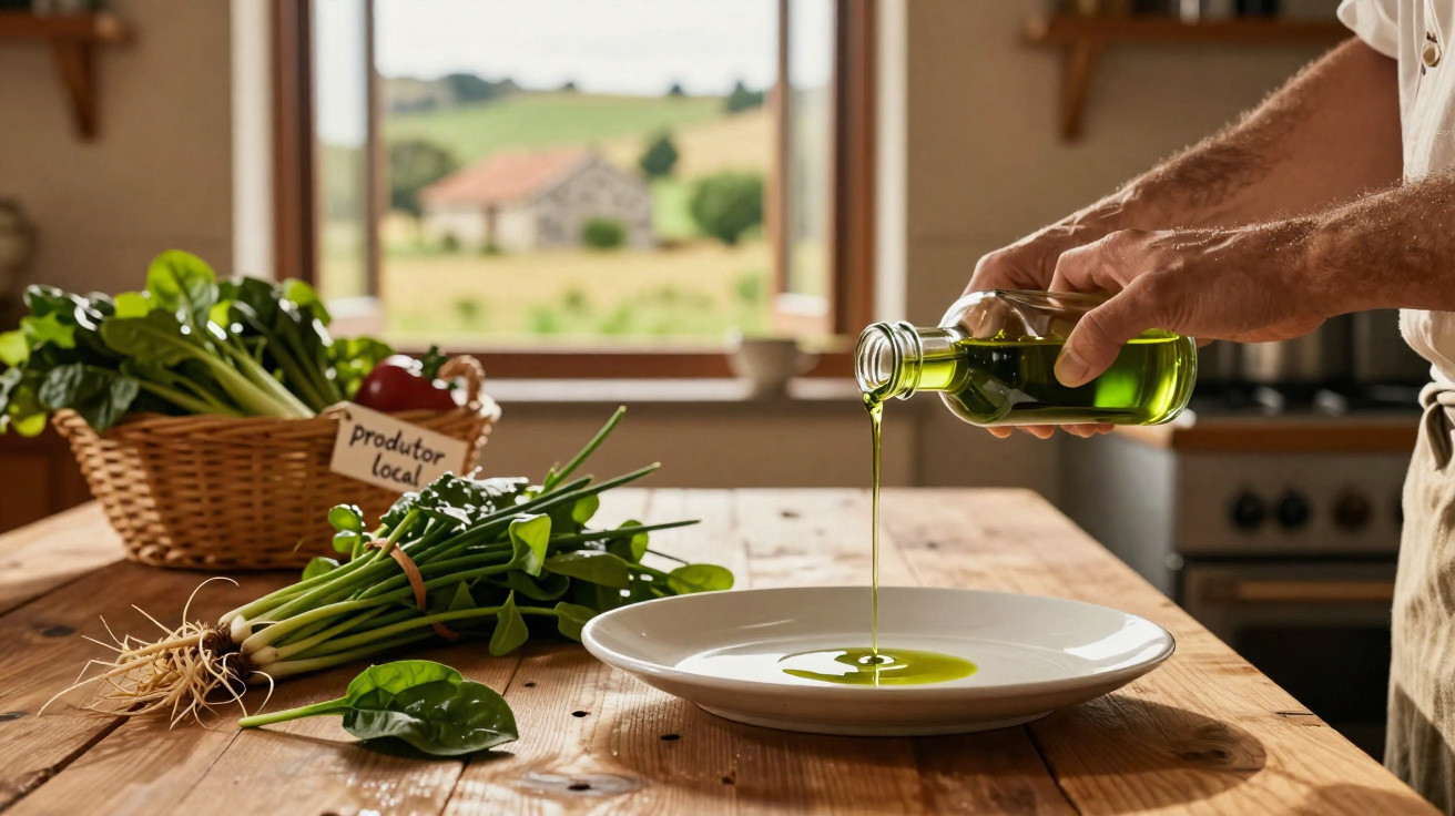 Pessoa derramando azeite em prato branco com verduras frescas e cesta de produtos locais em cozinha iluminada.