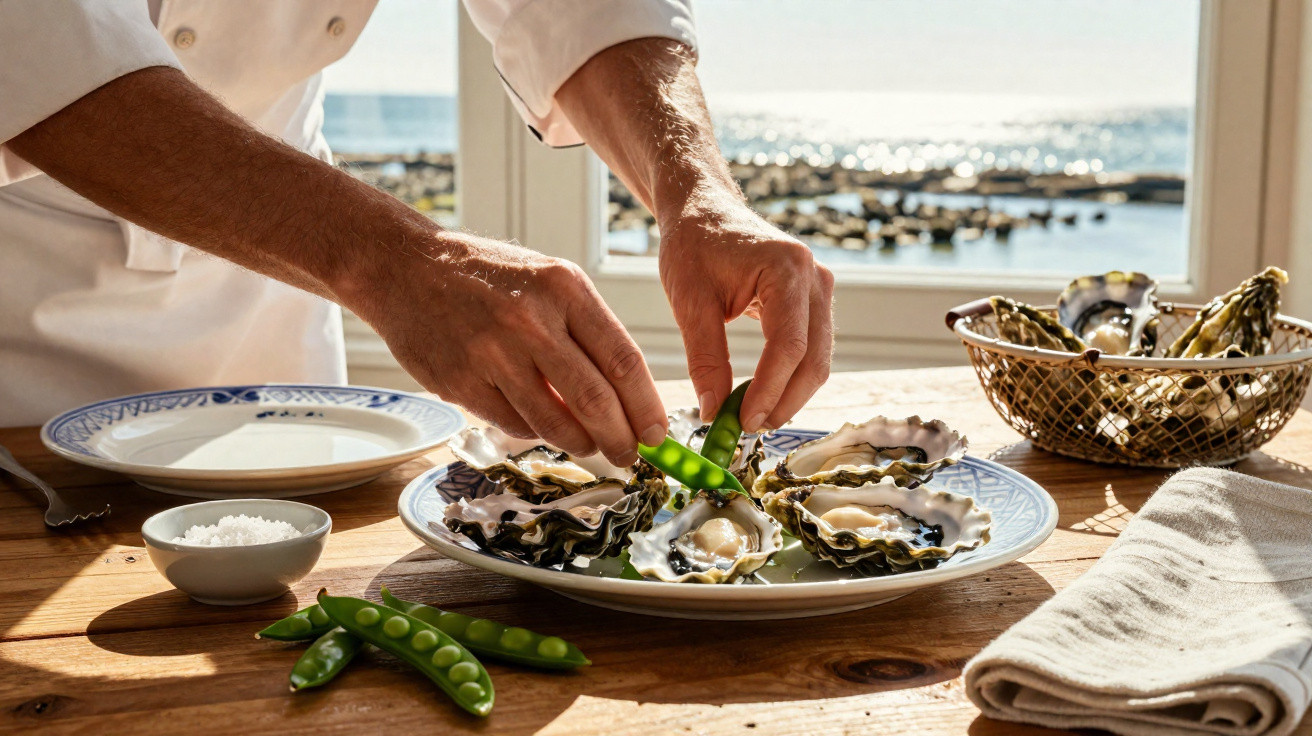 Chef preparando ostras frescas com ervilhas em prato, em mesa de madeira próxima à janela com vista para o mar.