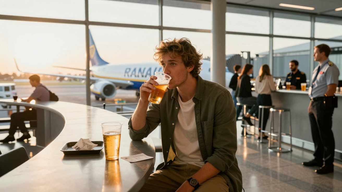 Homem sentado em bar de aeroporto bebendo cerveja com avião ao fundo no pôr do sol.