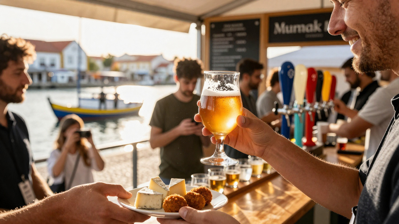 Pessoa recebe copo de cerveja dourada e prato com petiscos em bar ao ar livre próximo a canais.
