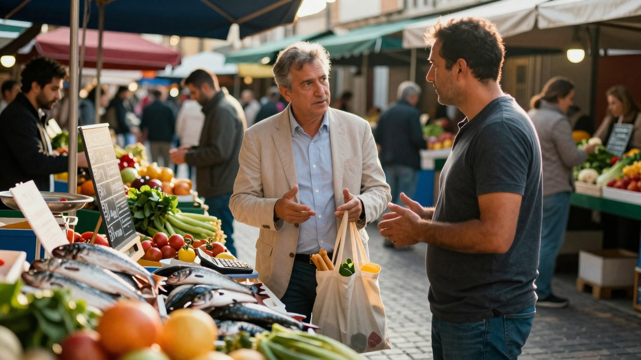 Dois homens conversando em feira ao ar livre com barracas de peixes e frutas ao redor.