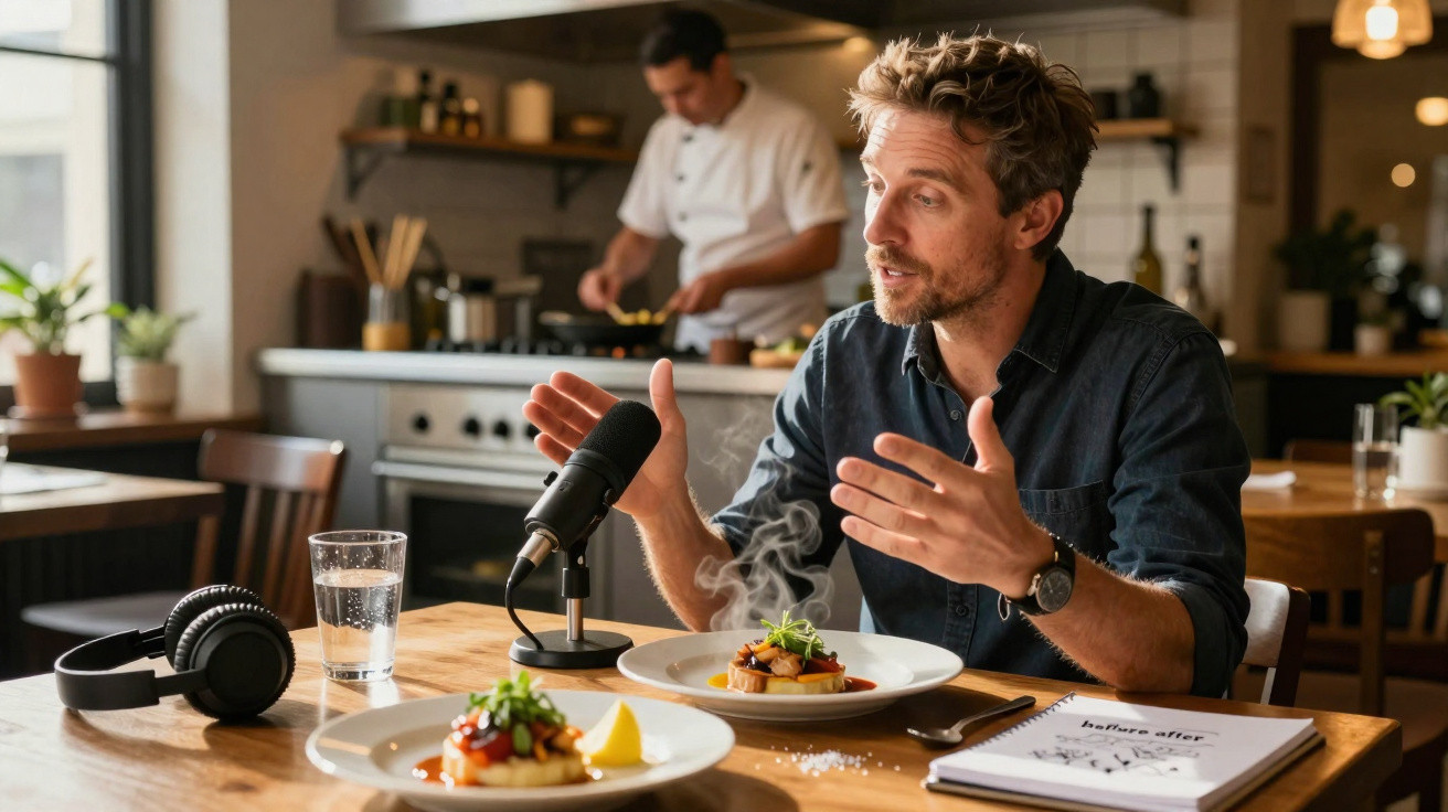 Homem gravando podcast sobre gastronomia em restaurante com pratos sofisticados à sua frente.