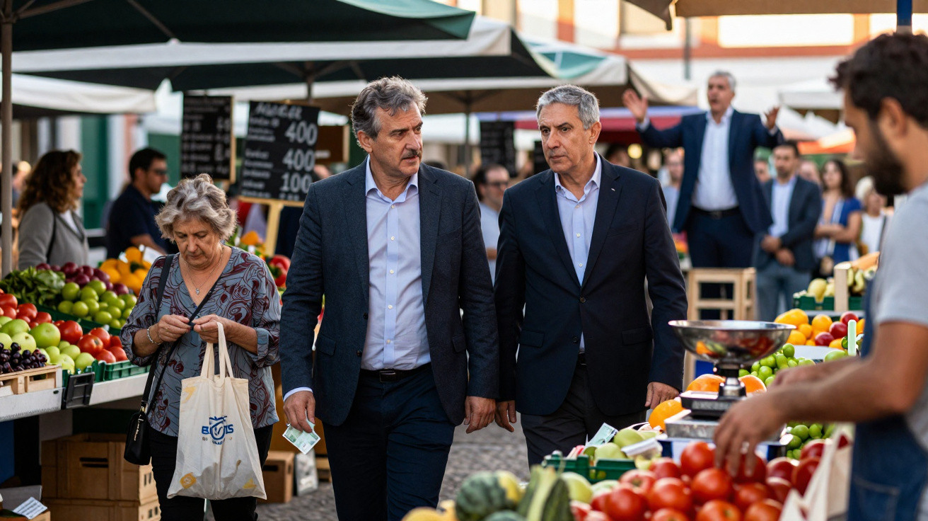 Dois homens de terno caminham em feira ao ar livre com bancas de frutas, enquanto pessoas circulam ao fundo.