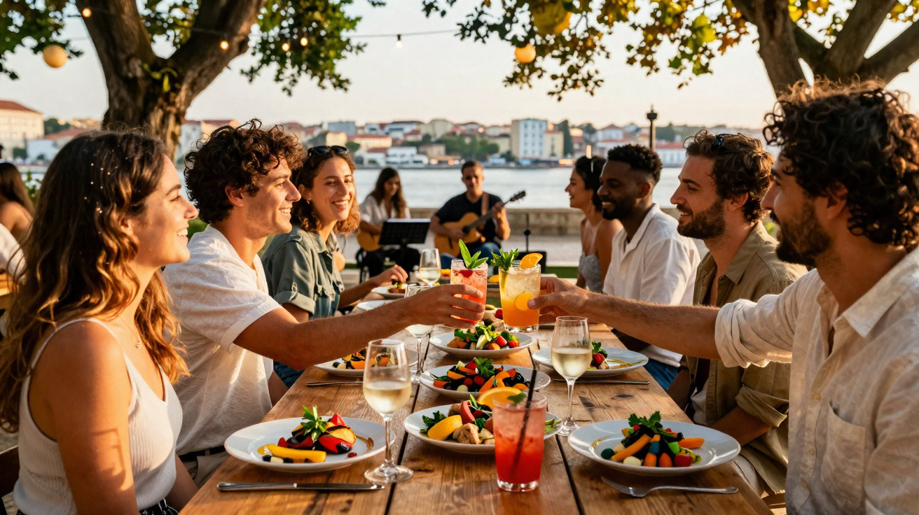 Grupo de amigos brindando e jantando ao ar livre à beira de um rio ao pôr do sol.