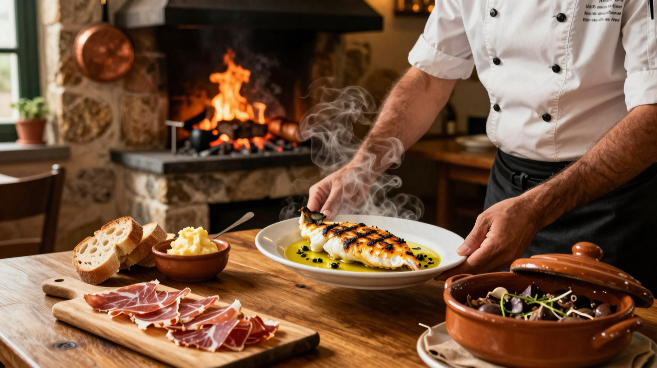Chef segurando prato fumegante com peixe grelhado diante de mesa com frios, pão e fogo na lareira.