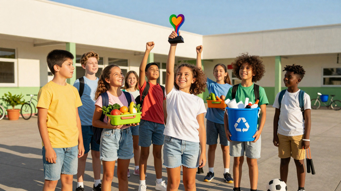 Crianças ao ar livre com cesta de frutas, balde de reciclagem e troféu em forma de coração colorido.