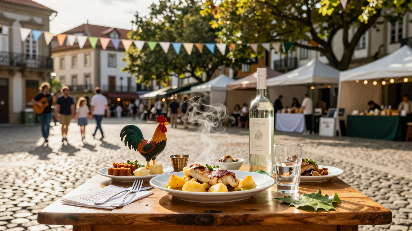 Mesa de madeira com pratos de comida, garrafa de vinho e decoração de galo em praça ensolarada e movimentada.