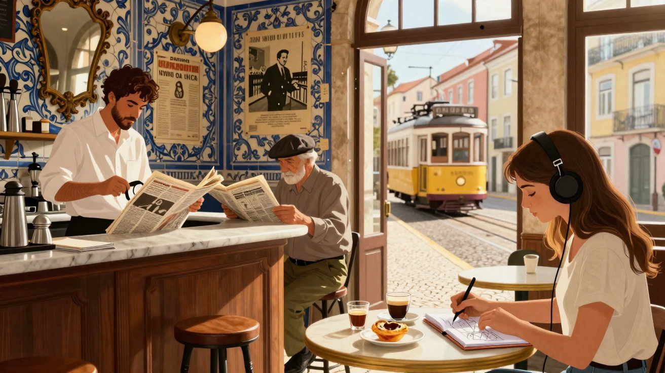 Interior de café tradicional em Lisboa com clientes lendo jornais e bondes amarelos passando na rua.