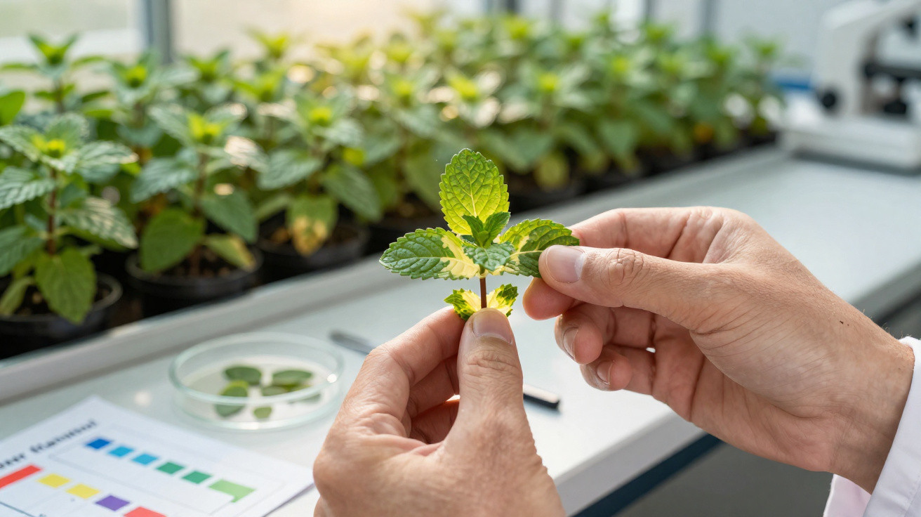 Mãos segurando folha de hortelã em laboratório com plantas e material científico ao fundo.