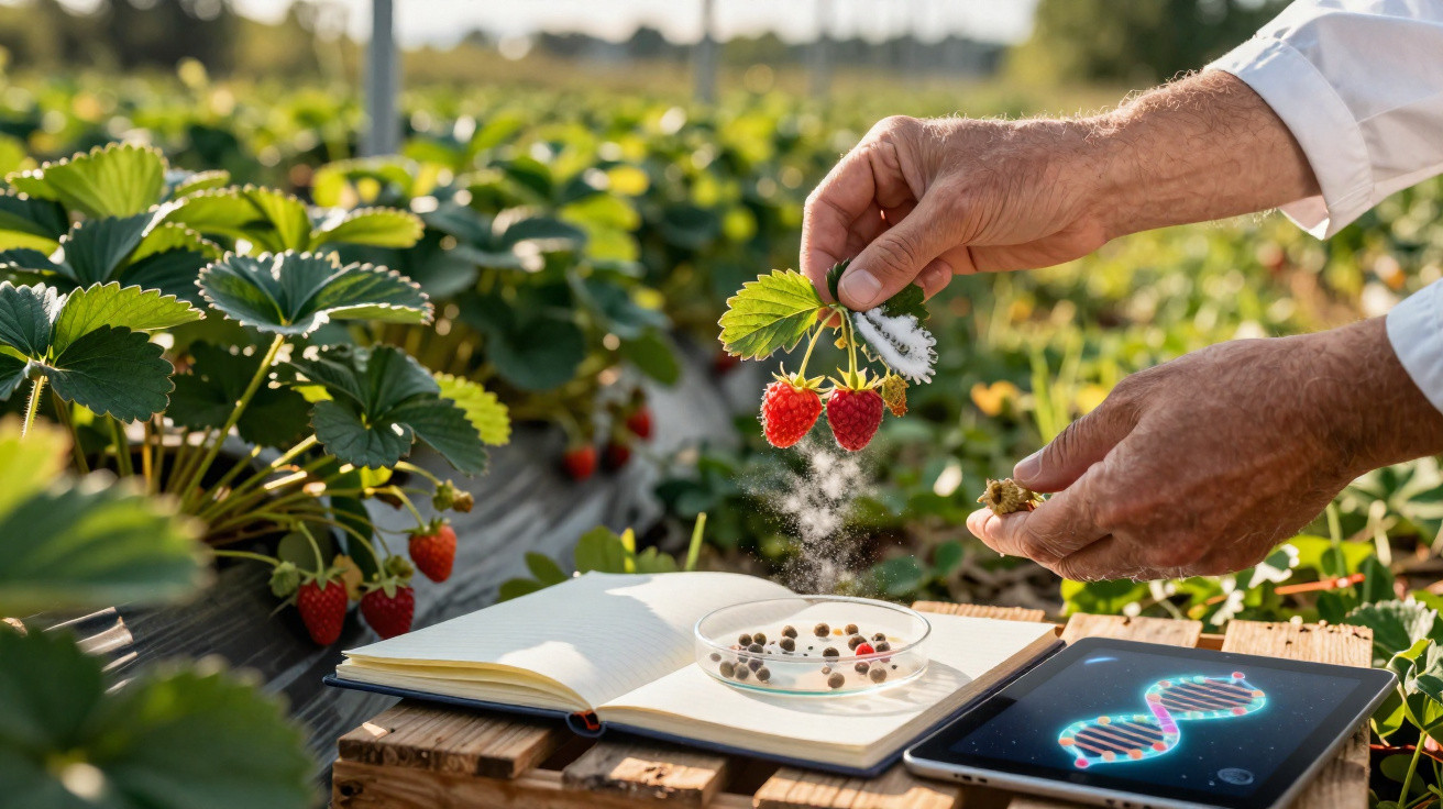 Pesquisador segurando morangos, polvilhando pó branco em plantação de morango com tablet e caderno abertos.