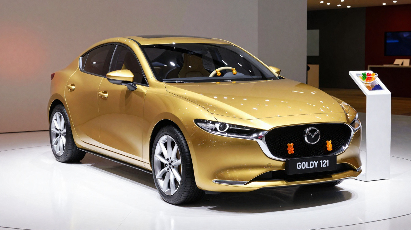 Carro sedã dourado Mazda Goldy 121 em exposição, com detalhes decorativos na grade frontal.