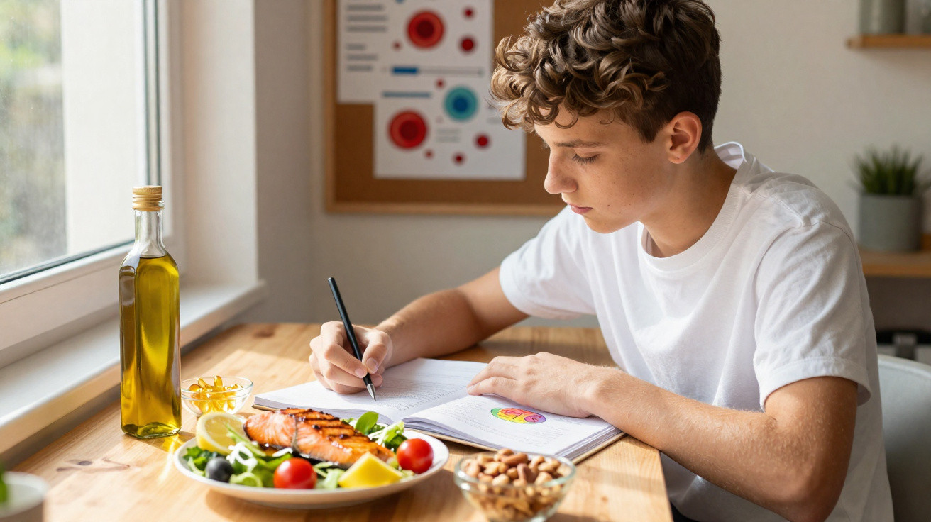 Jovem loiro com camiseta branca estudando e fazendo anotações à mesa com prato de salmão, salada e nozes.