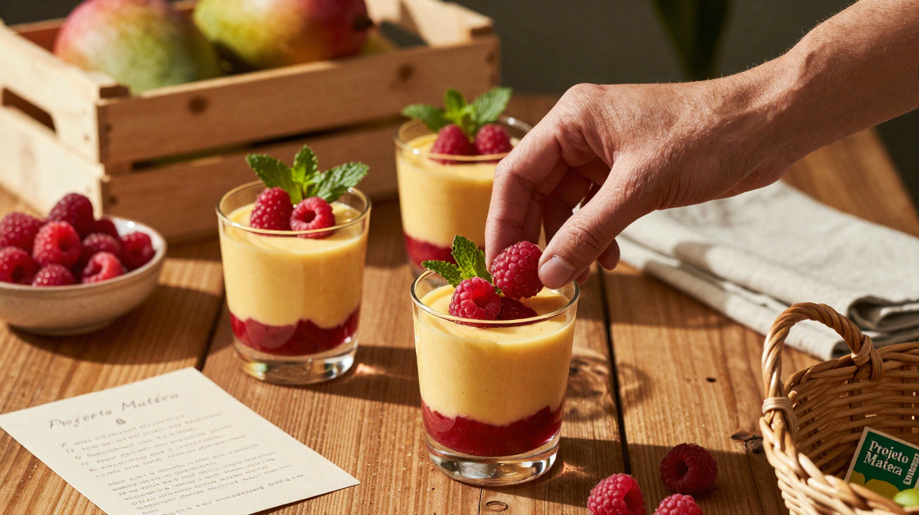 Mão decorando sobremesa cremosa com frutas vermelhas em copos, sobre mesa de madeira com mangas ao fundo.