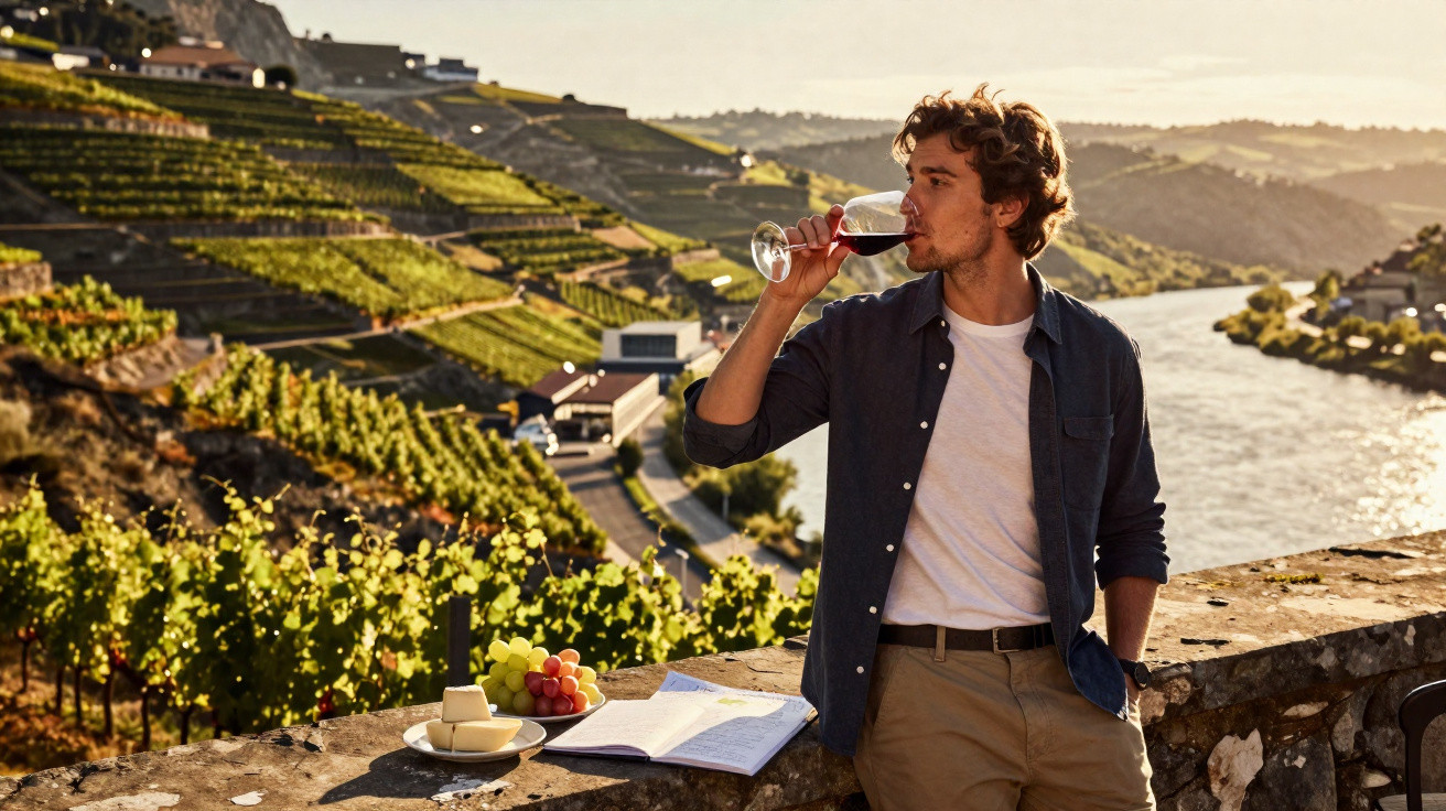 Homem bebe vinho tinto em vinícola com mesa de queijos e frutas à beira de rio ao pôr do sol.