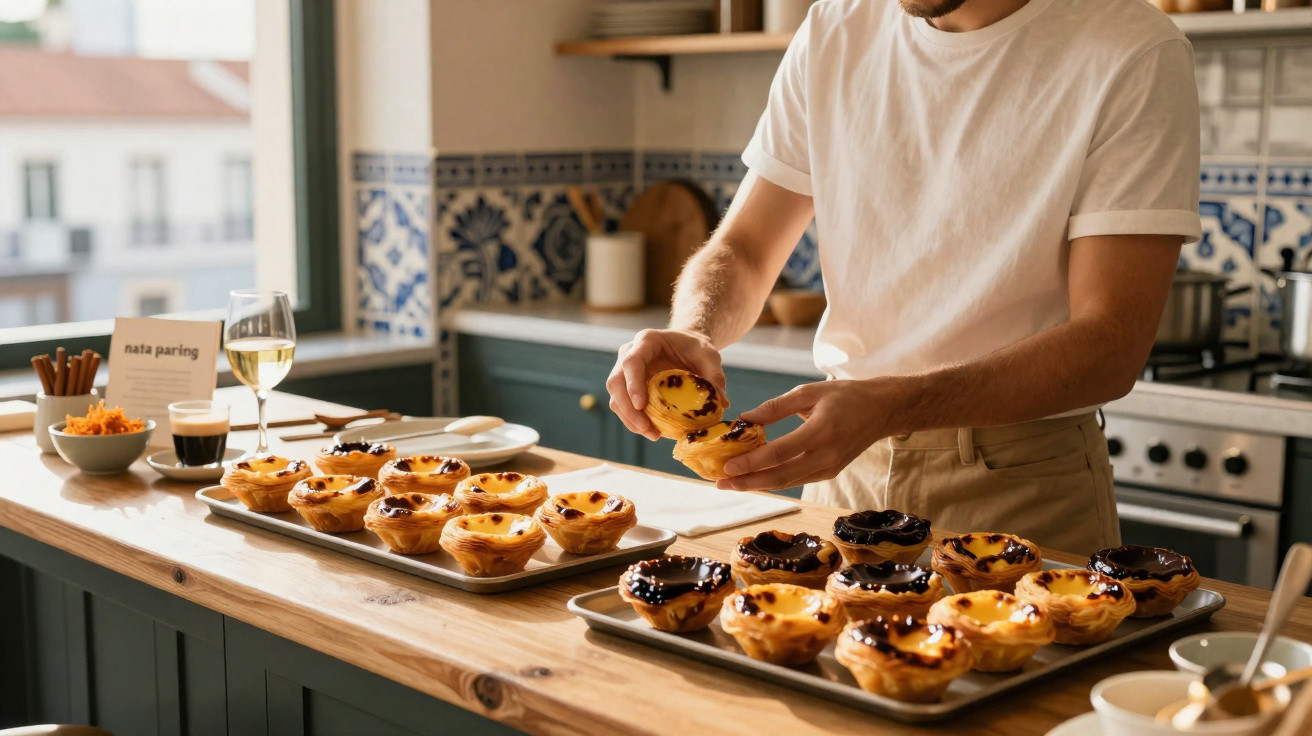 Pessoa servindo pastéis de nata em bandejas sobre bancada de madeira em cozinha.