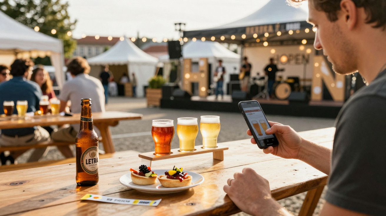 Pessoa usando celular em mesa com cervejas, petiscos e palco com banda em ambiente ao ar livre durante o dia.