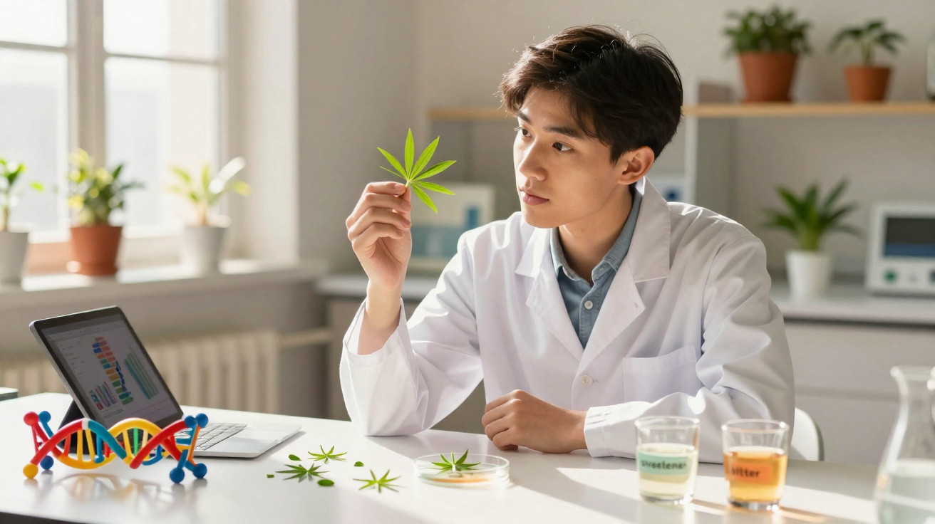 Cientista analisando folha verde em laboratório com modelo de DNA e líquidos em copos sobre a mesa.