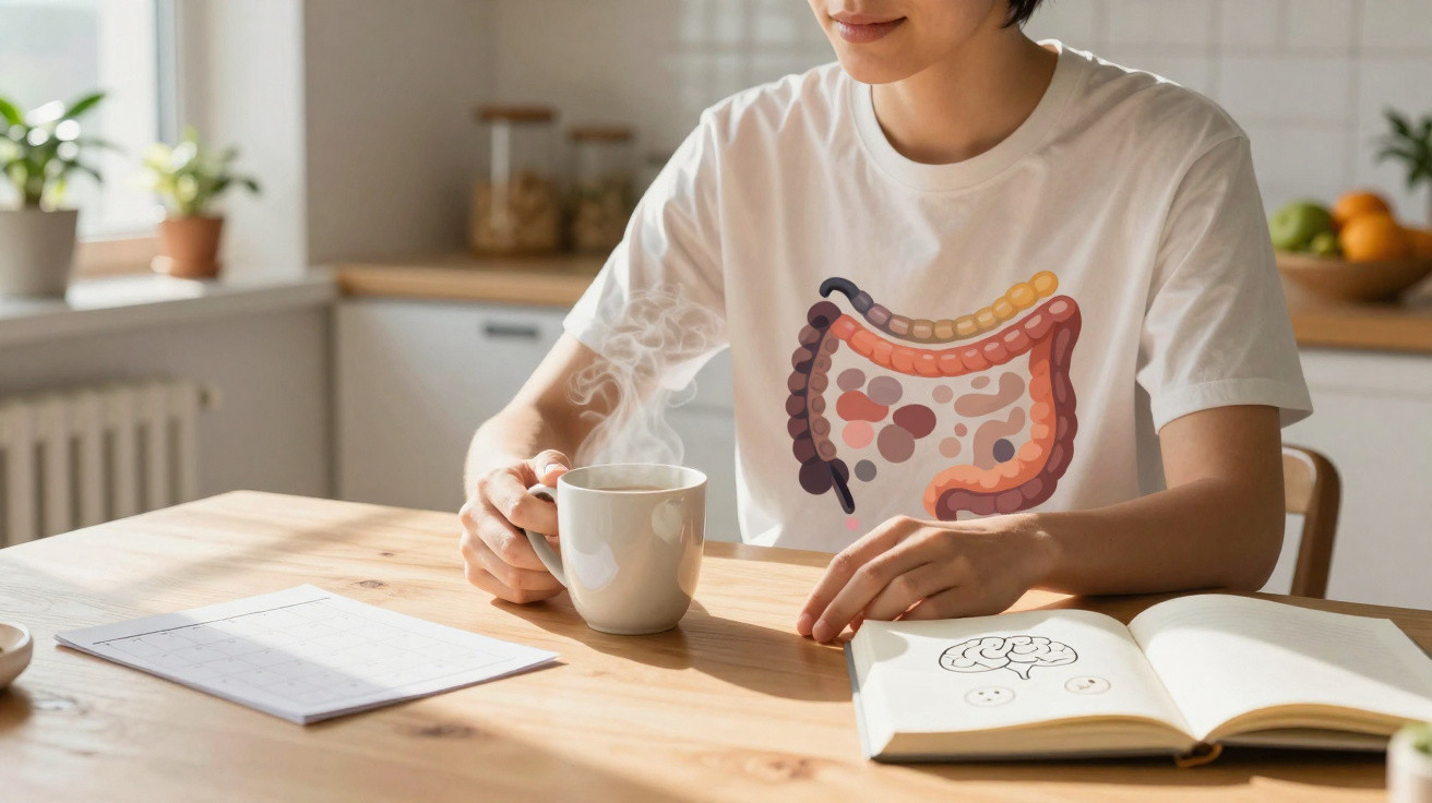 Pessoa com camiseta branca estampada com ilustração de intestinos, segurando xícara de chá em mesa com livro aberto.