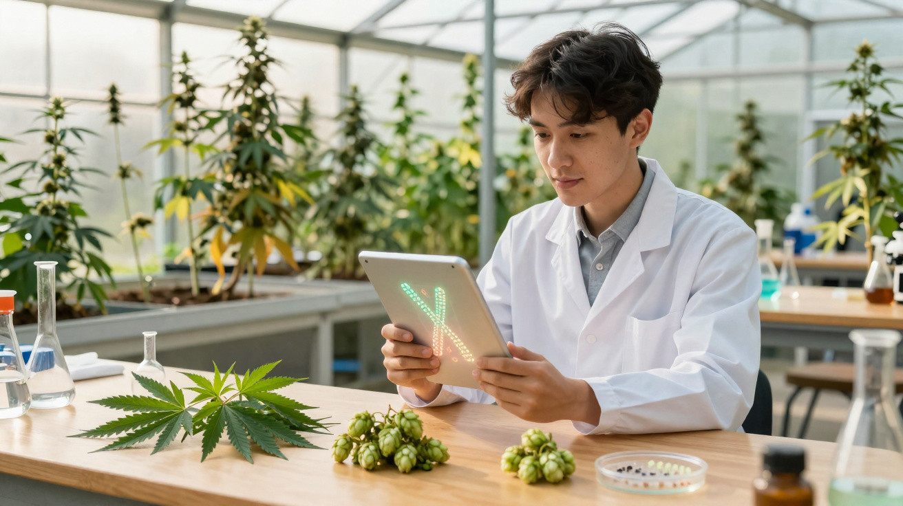 Pesquisador em laboratório com jaleco analisando planta e amostras, segurando tablet com dados digitais.