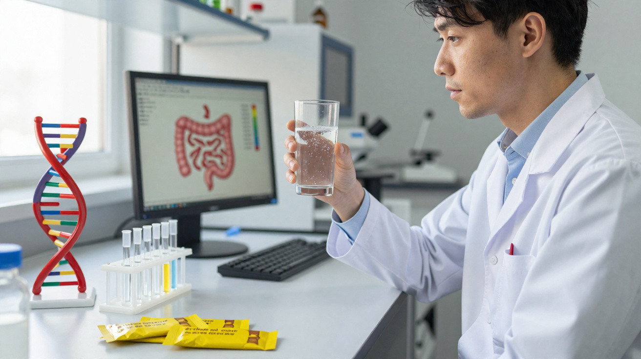 Pesquisador em laboratório segurando copo de água, com imagem do sistema digestivo na tela do computador.