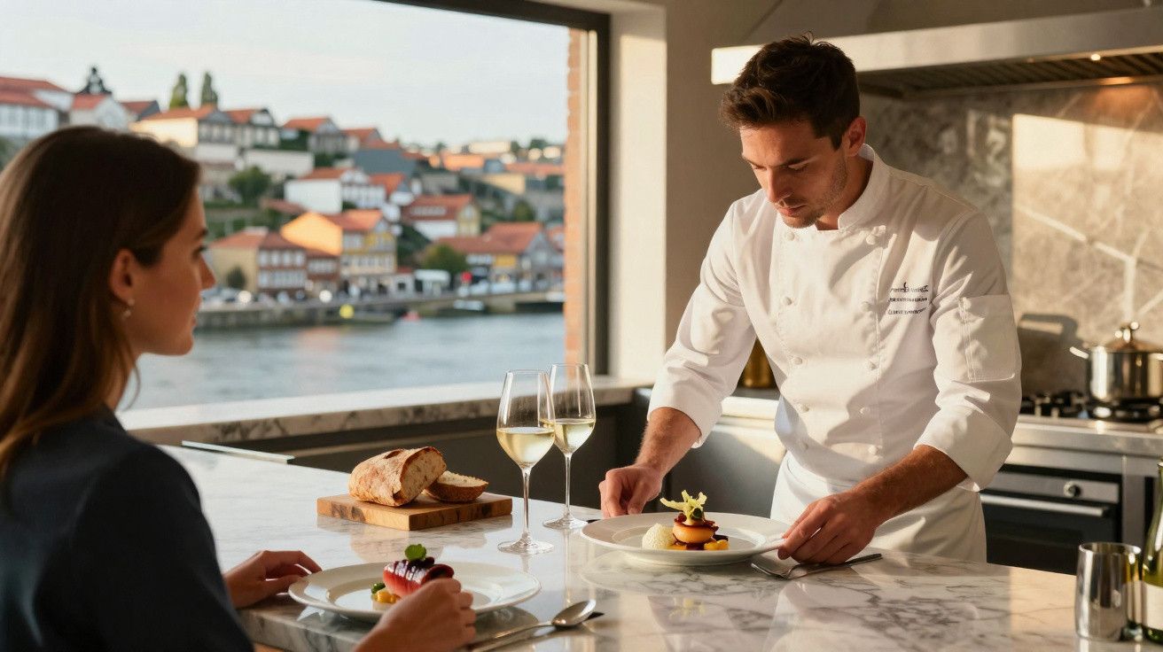 Chef adiciona toque final em prato na cozinha enquanto mulher observa em restaurante à beira do rio.