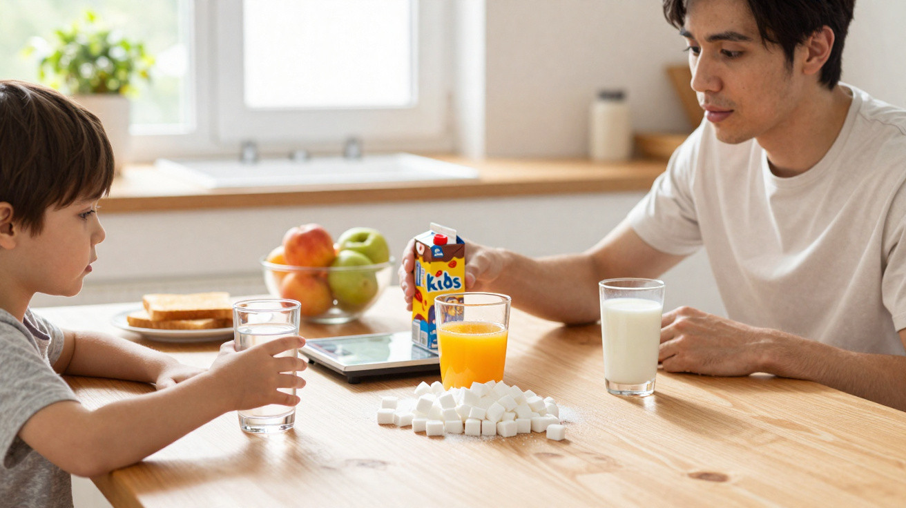 Pai e filho sentados à mesa com sucos, leite, açúcares e frutas em um ambiente claro e moderno.