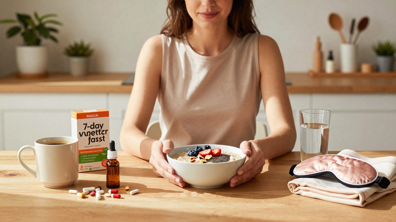 Mulher segurando tigela de aveia com frutas em mesa com remédios, café e máscara de dormir.